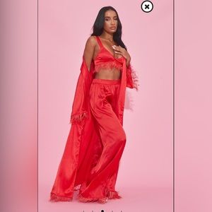 Red Satin Feather Trim 3 Piece PJ SET